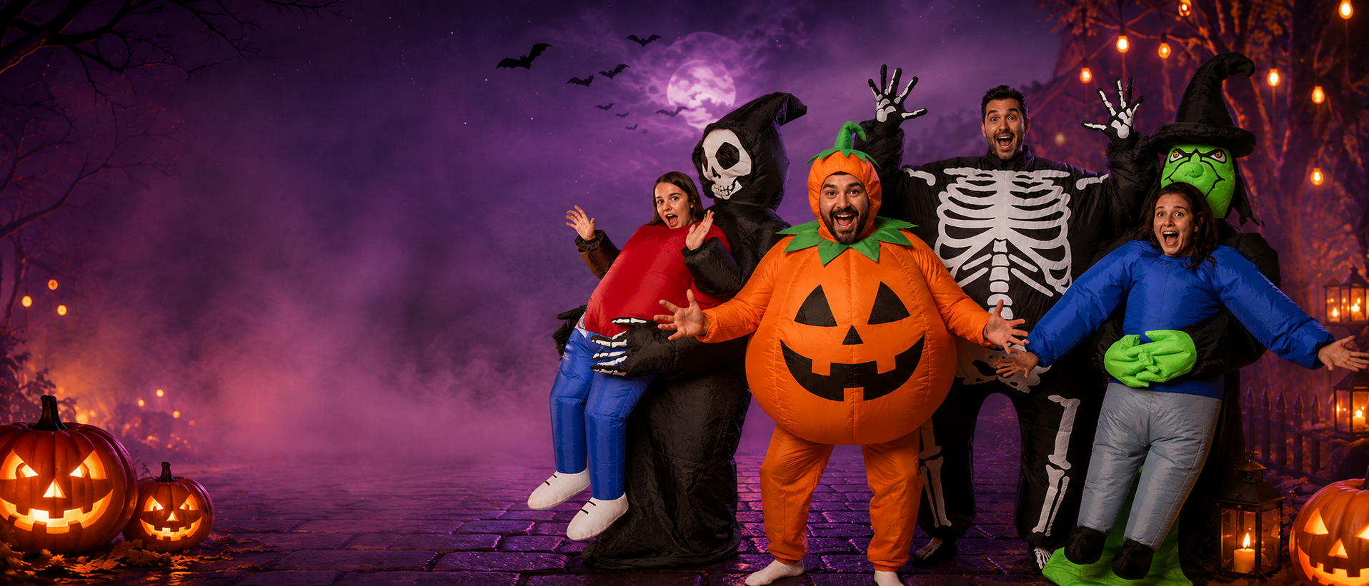 Friends wearing inflatable Halloween costumes - pumpkin, skeleton, witch and grim reaper - on a spooky purple street with jack-o'-lanterns